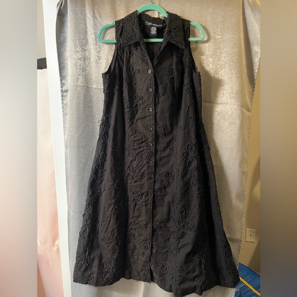 Long black button up dress with cloth belt (floral textured design)